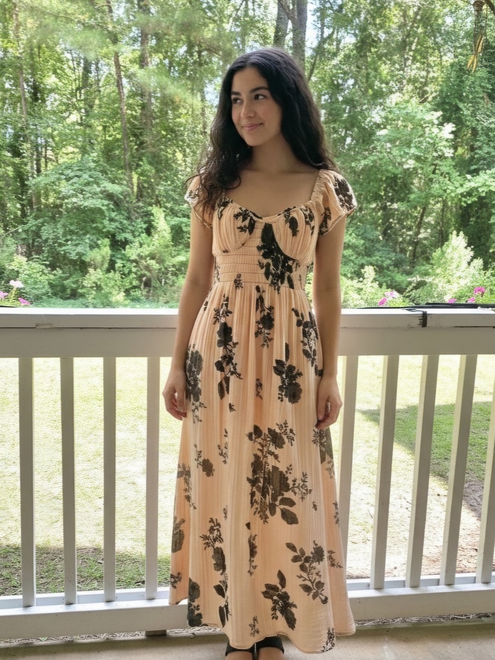 Free People Forget Me Not Maxi Dress Peach Combo Floral Smocked Boho Small